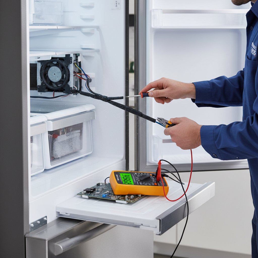 Certified technician repairing a Sub-Zero refrigerator in a Greenwood Village home